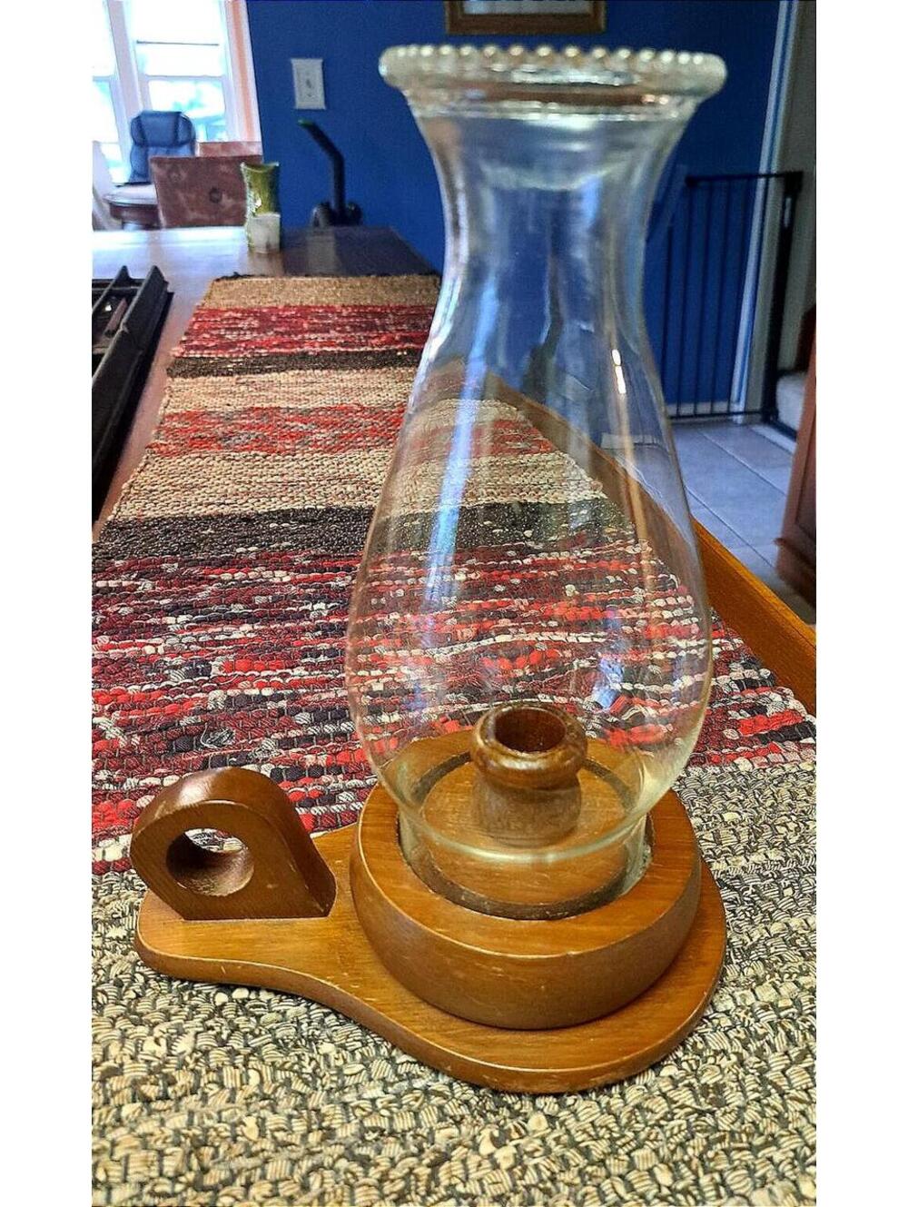 Vintage Wood Candle Holder with Glass Chimney Chamberstick Lantern